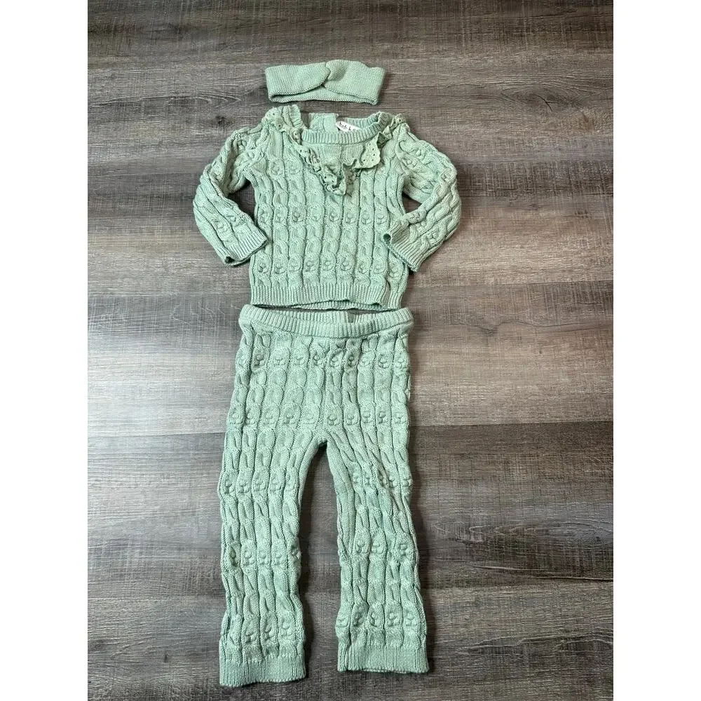Nicole Miller Girls 3-Piece Cable Knit Sweater Set - Mint Green, 18 months